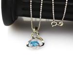 925 Silver Bead Chain Oval 6x8mm Blue Cubic Zircon Pendant Necklace(P34)