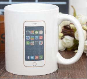 China Funny Creative Custom Color Changing Mug In White Color , Phone Logo factory
