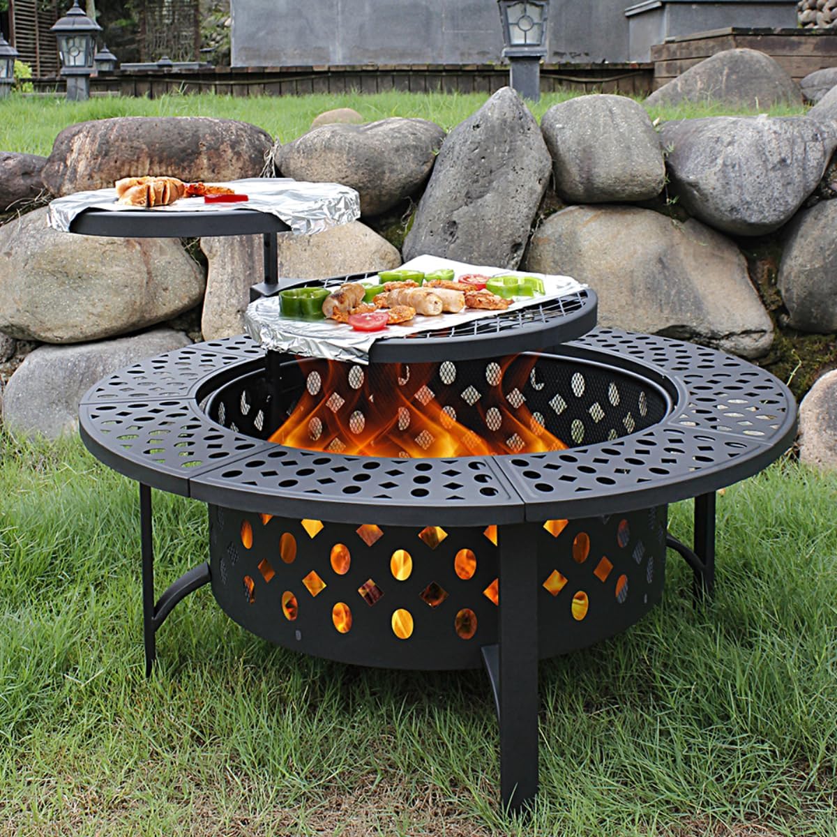 Modern Outdoor Firepit AJUNION 36 Inch Metal Round Wood Burning Fire Pit with 2 Grills