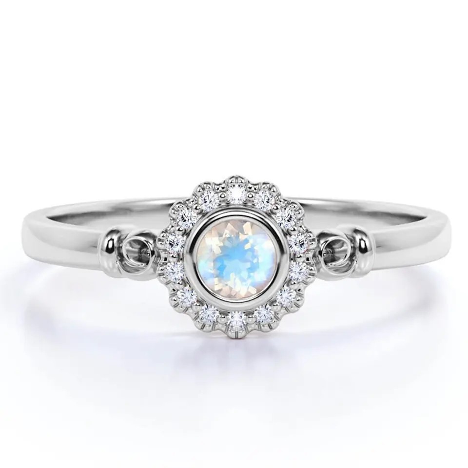 925 Sterling Silver Rose gold 1 Carat Flower Halo Ring Rainbow Moonstone Ring