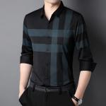 Striped Polyester/Cotton Casual Black Shirt for Men Slim Fit Long Sleeve Shirts