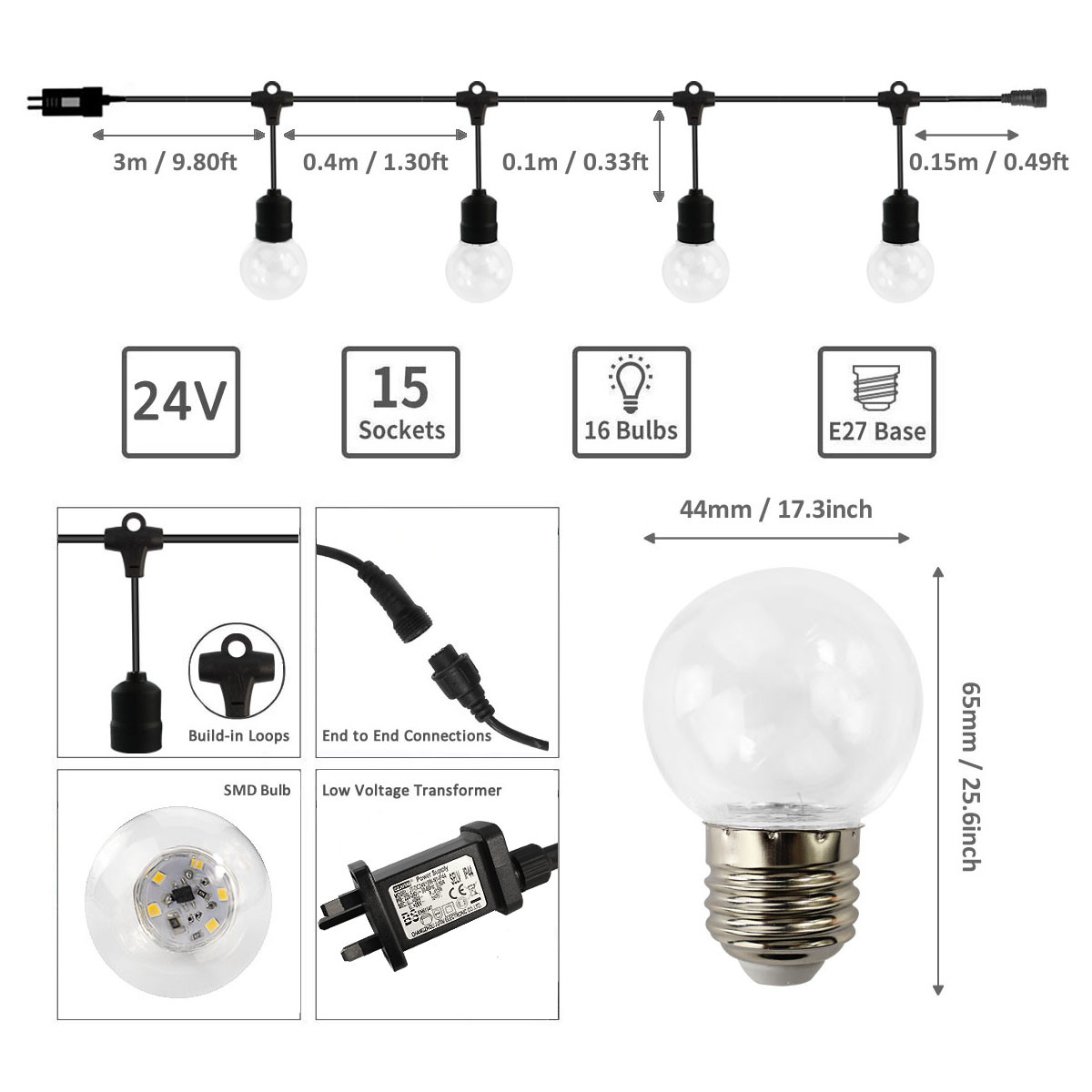 IP44 Waterproof Commercial Outdoor LED Festoon Lights IP65 24V 1w Heavy Duty