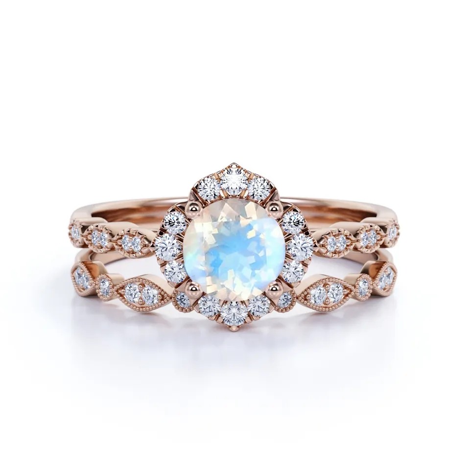 New Style 925 Sterling Silver Blue Moonstone Engagement Rings Round Moonstone Wedding Ring Set