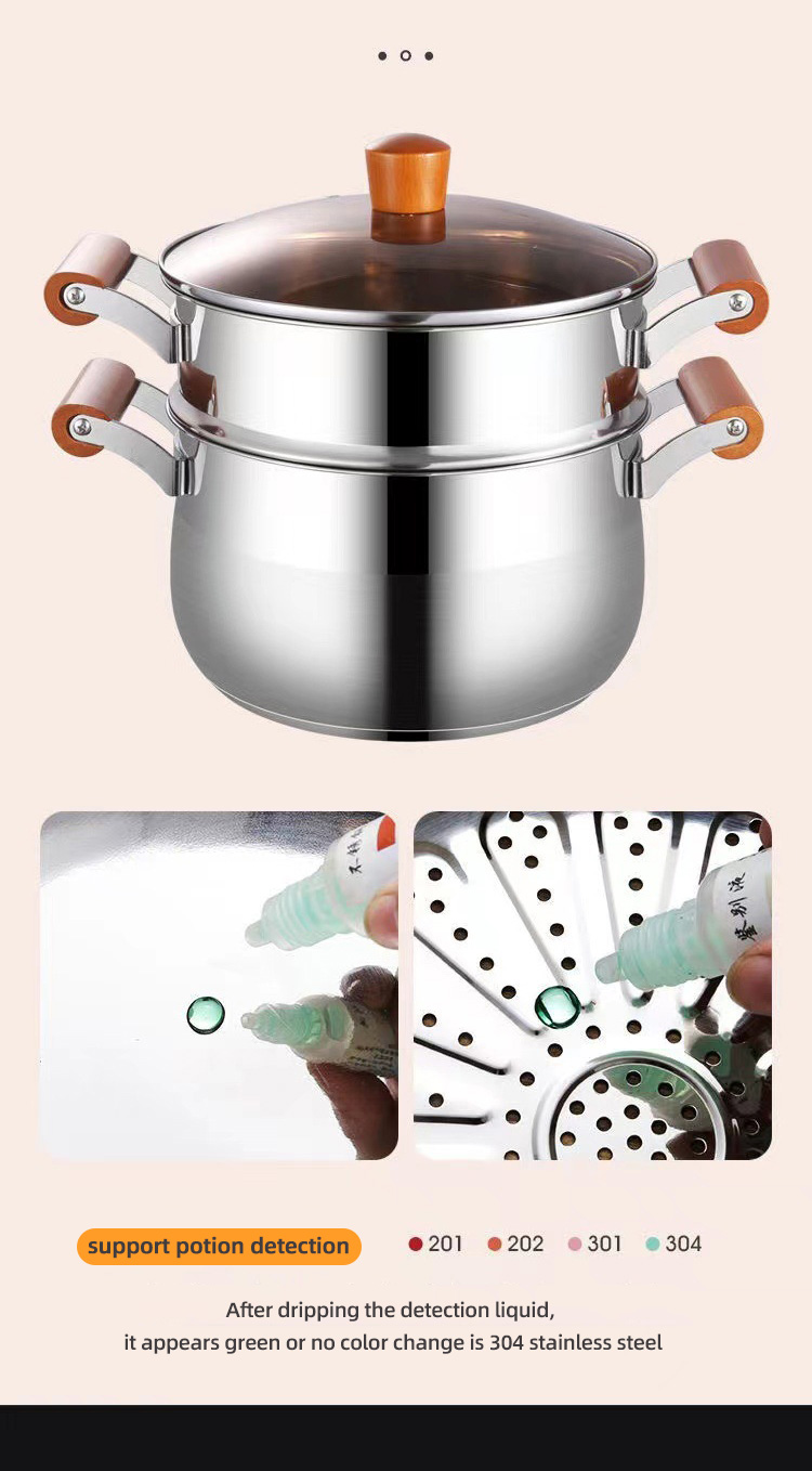 Factory Two Layer Cook Food Steamer Pot 18/8 Stainless Steel Steamer Pot With Wooden Handle