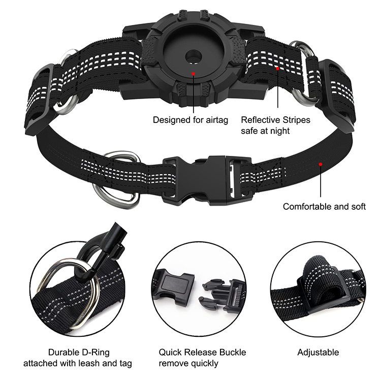 2 in 1 Heavy Duty Dog Collar with AirTag Holder Case Adjustable Reflective Dog Collar with Quick-Release Buckle D-Ring Keychain