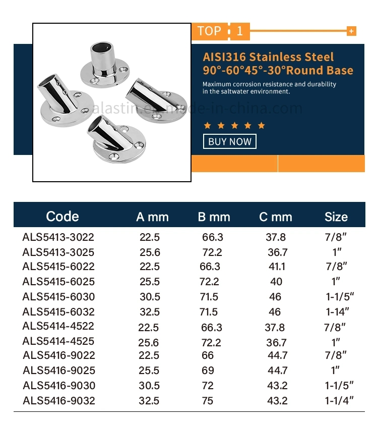 Marine Hardware Fittings Stainless Steel Stanchion Base Round Pipe Bases 30 Degree