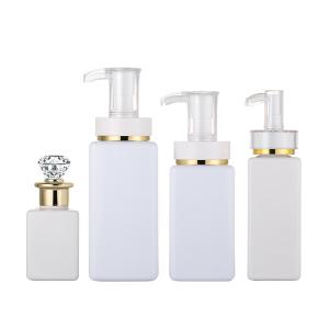 China High Quality Luxury White Customize Square Shampoo Hair Lotion Bottle With Diamond Gold Rim Cap factory