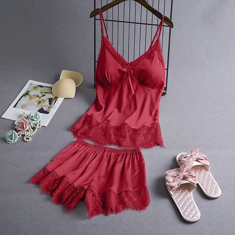 Summer Sleeveless Ice Silk Sexy Suspenders Knickers Lace Satin Pajama Set For Women