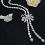 Women White 8mm Shell Pearl Starnds Tassel Necklace with Cubic Zirconia Bow