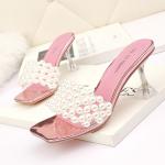 7018-3 Korean Fashion Open Toe High Heels Square Toe Pearl Thin Sandals Fine
