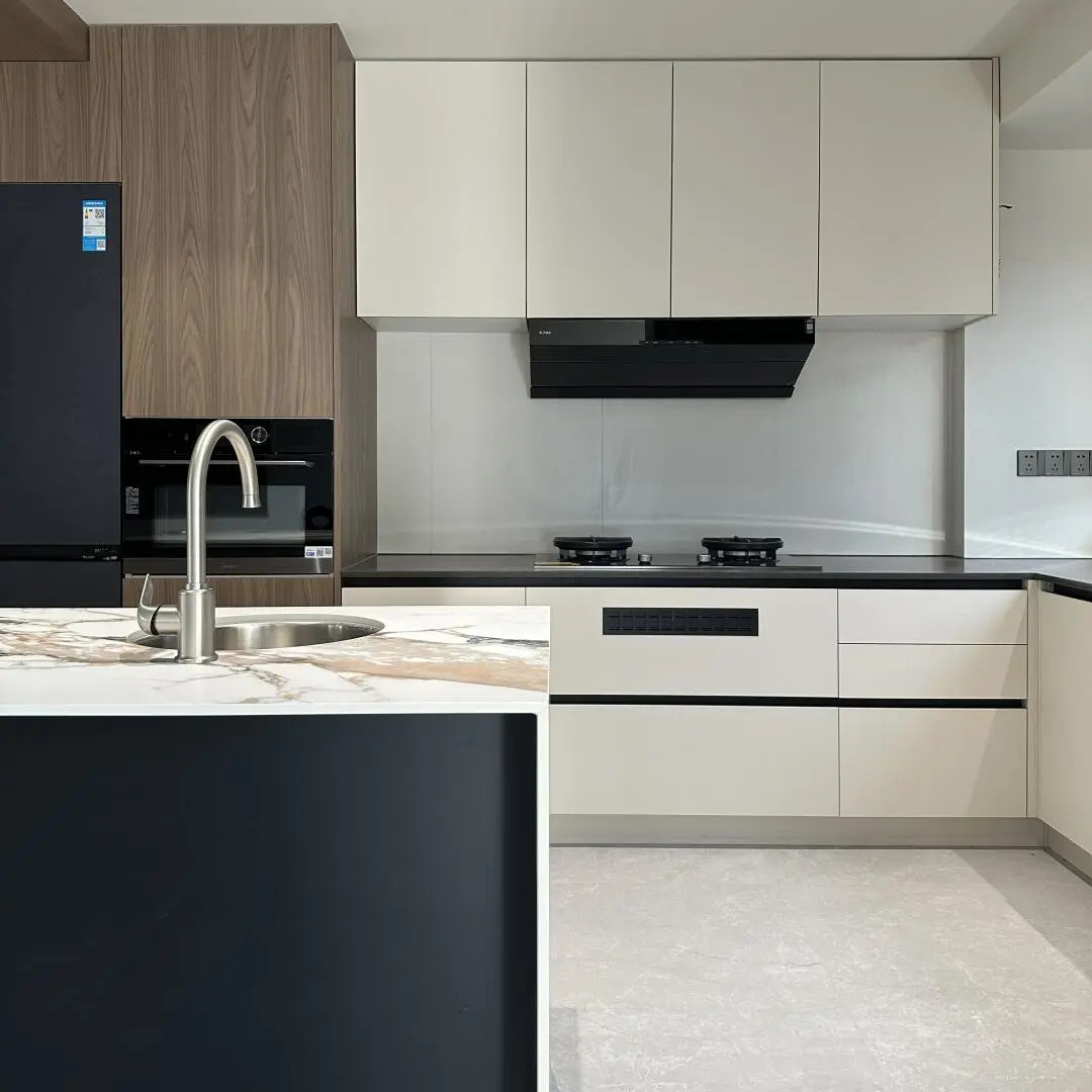 Customized Wooden Veneer And Matt Black Lacquer Modern Kitchen Cabinet Designs For Home Kitchen Cabinet