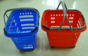 China Colored Telescopic Handle Plastic Shopping Basket With Wheels 50 Litres factory