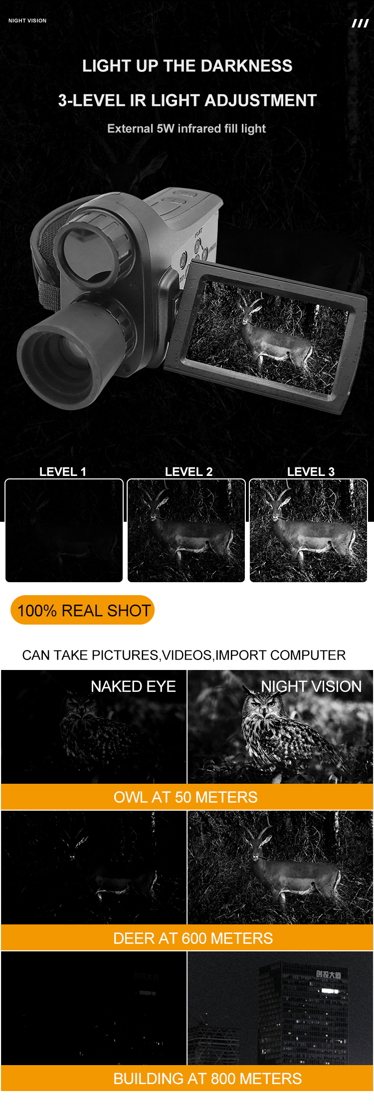 800 Meters Day Night Monocular Long Range Total Darkness Viewing Distance Video Camcorder Function