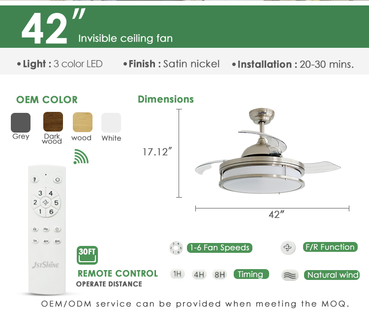Retractable Blades LED Ceiling Fan 42 Inches in Satin Nickel for Home Hotel Office