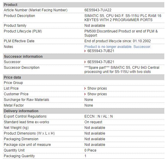 6ES5943-7UA22 6ES5 943-7UA22 Siemens CPU Module