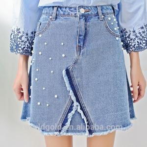 China Light Blue Female A LINE Split Denim Skirt With Pearls &amp; Frayed Hem factory