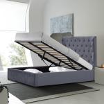 Grey King Size Upholstered Storage Bed Frame Plywood Easy Assemble With Ears