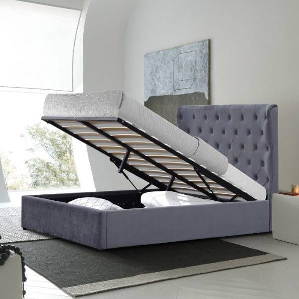 Grey King Size Upholstered Storage Bed Frame Plywood Easy Assemble With Ears