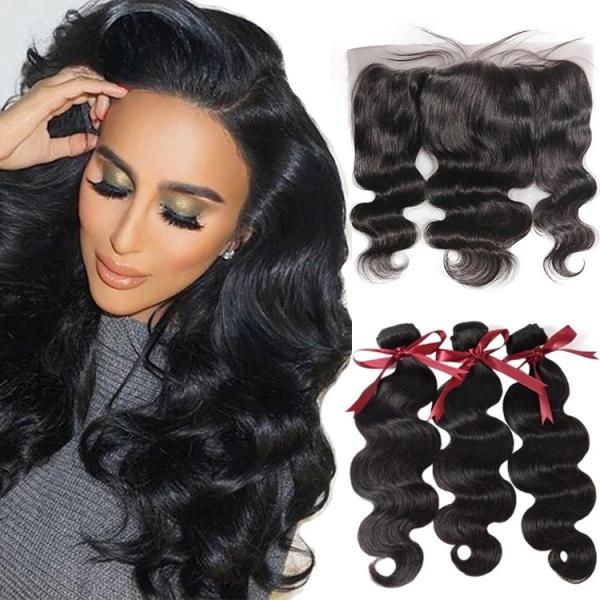Natural Color Cambodian Virgin Hair Bundles With Lace Front / Cambodian Body