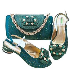 China Green Ladies Shoes for Party Supoo Wedding Shoes Matching Bags African Lower Heel Shoes factory