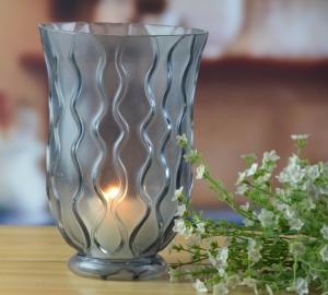 China 8&quot; Grey Embossed Fence Pattern Glass Candle Holders factory