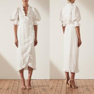 China Linen Puff Sleeve Wrap Midi Elegant Dress Cotton Ladies factory