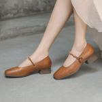 HZM013 Single Shoes Women'S Fall/Winter New Style First Layer Cowhide Square Toe