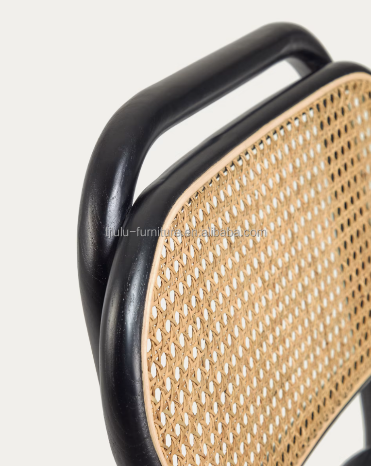 Vintage Style Dining Chair in Natural Wood with Fabric Seat and Real Rattan Backrest W47*D51*H82.5CM