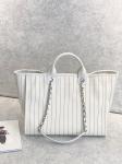 30cm 23P Chanel Deauville Tote Bag White Ecru Black Stripe