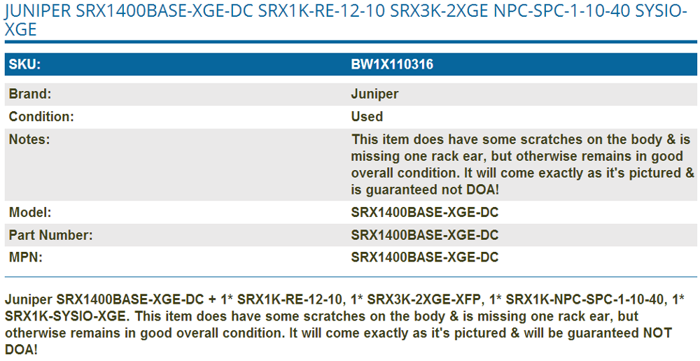 Juniper SRX1K-RE-12-10,Routing Engine with 1200MHz processor and 1GB memory for SRX1400