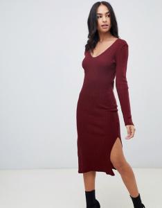China OEM new arrival tight woman midi dress with v-neck in rib knit factory