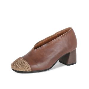 China S408 New retro stitching woven thick high-heeled leather women's shoes, simple and elegant style shoes factory