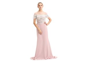 China Elegant Short Sleeve Light Pink European Style Evening Dresses Straight Skirt Type factory