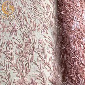 China Popular Pink Beaded Wedding Lace Fabrics 20% Polyester Water Soluble factory