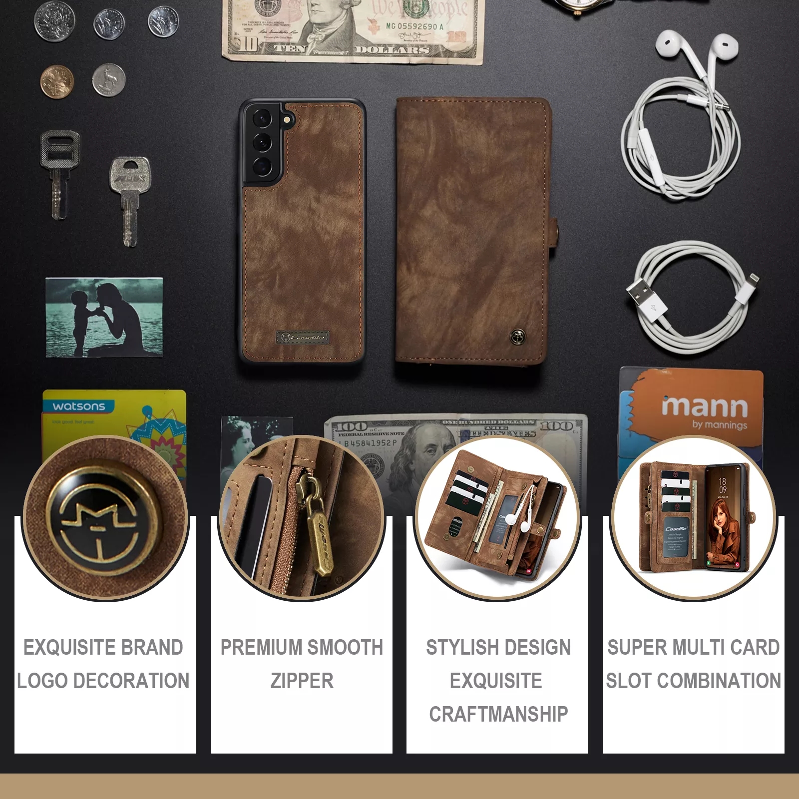 Luxurious Leather Zipper Magnetic Wallet Card Mobile Phone Case Samsung S22 Plus