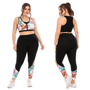 China Printing Front Zip Gym Plus Size Two Piece Workout Sets Sleeveless Nylon Spandex factory