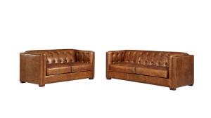China Comfortable Tan Brown Leather Couch , Genuine Leather Couch Set Solid Wood Legs factory