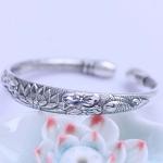Women Engraved Water Lily Buddhist Sutras Sterling Silver Cuff Bracelet