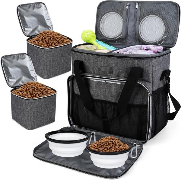 Dog Cat All Pet Travel Bag with 2 Pet Food Containers and 2 Collapsible Silicone