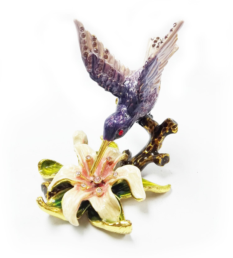 Custom pewter cute bird shape jewelry boxes colorful printed bird hummer jewelry boxes