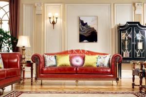 China 6 Seater Royal Classic Wooden Frame Living Room Red Leather Sofa Set factory