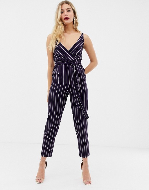 OEM wholesale girls wrap jumpsuit with self belt in navy stripe