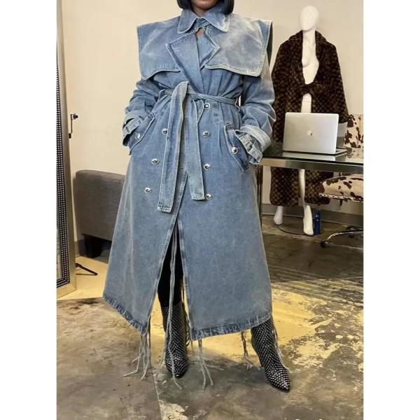 High End Fashion Winter Loose Blue Denim Jacket Windbreaker Trench Ladies Long