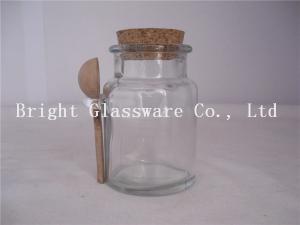 China glass storage jar with wooden lid, glass container with spoon factory