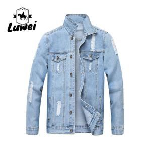 China Fashion Designer Casual Polyester Cotton Utility Lapel Button Slim Fit Mens Outdoor Streetwear Hole Denim Jacket on sale