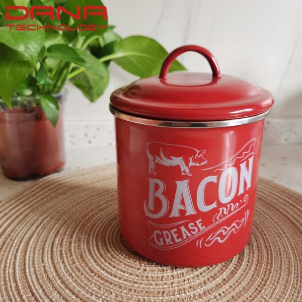 High Quality 1.5L Enamel Bacon Grease Container with Fine Mesh Strainer