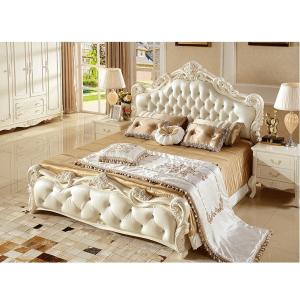 China Bedroom Furniture Antique French Style King Size White Leather Wooden Bed factory