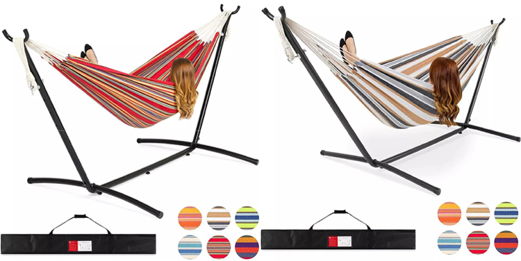 Home Outdoor Garden Camping Portable Lightweight Folding Double Cotton Hammocks with Metal Stand