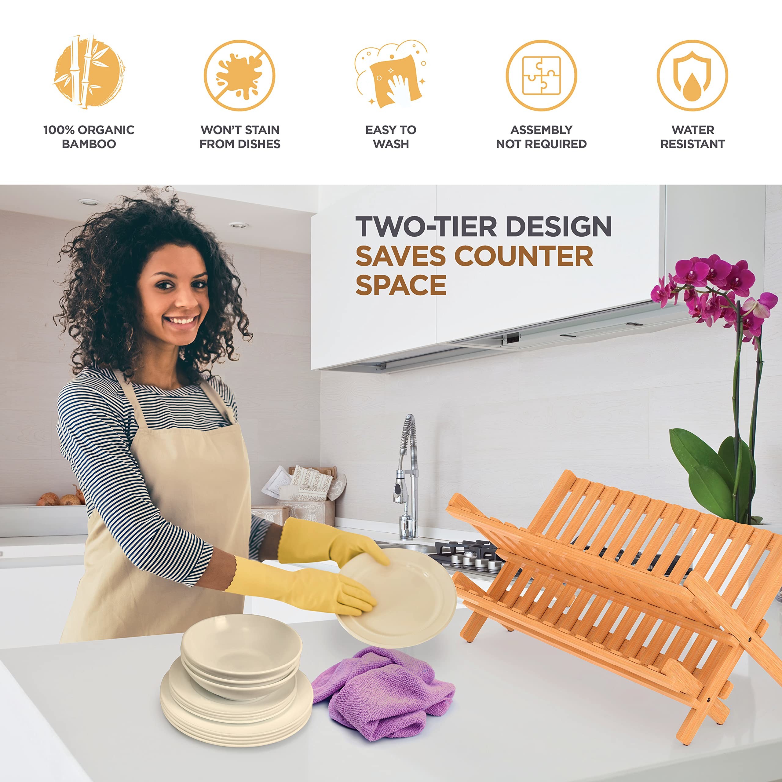 Bamboo Foldable Bowl Storage Holder Drain Rack