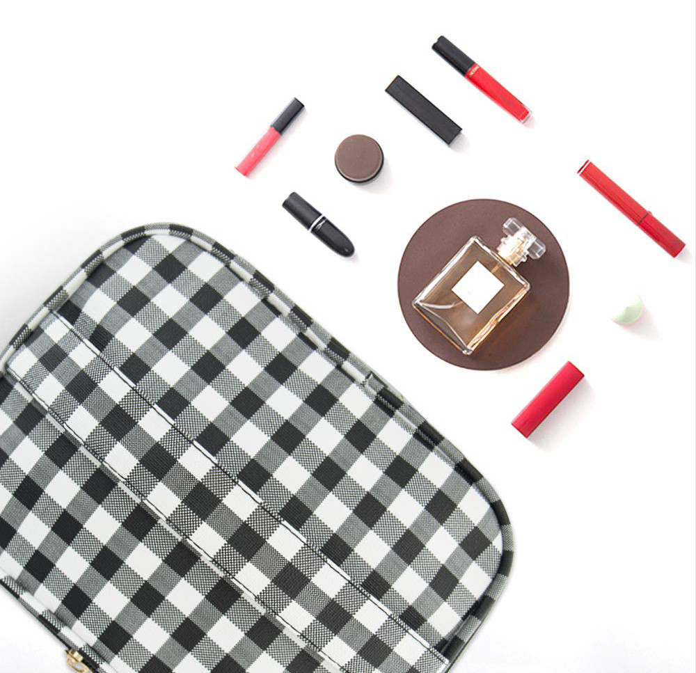 3pcs Black White Plaid Polyester Waterproof Makeup Bag